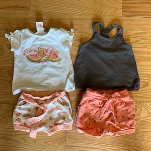 Coordinating watermelon shorts and shirts.